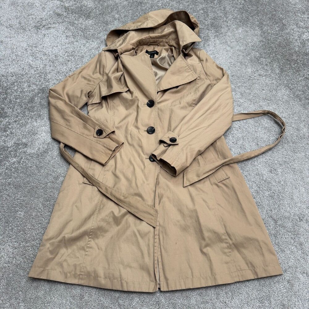 Halogen Hooded Belted Cotton Blend Trench Coat Jacket Womens Small Tan Beige